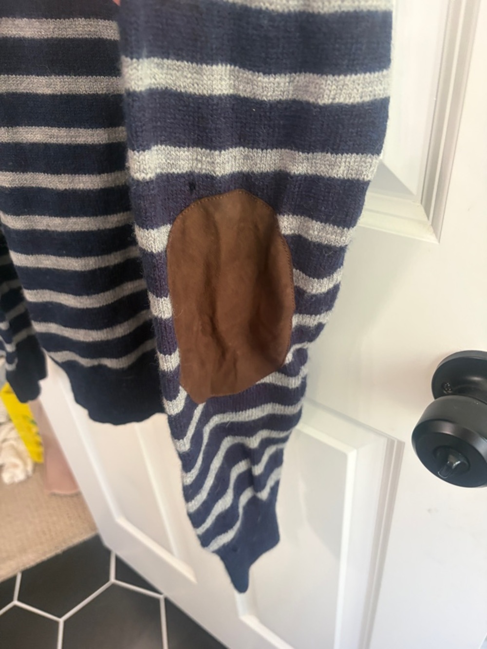 J. Crew womens Navy and White Striped merino wool Button-Shoulder Sweater. - Picture 8 of 13
